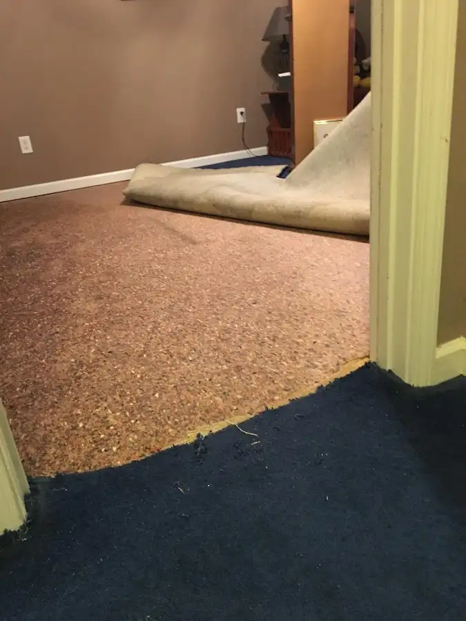 Carpet pad removal revealing water damage during Drying & Dehumidification in Yucaipa